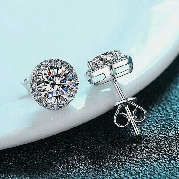 4 Ct Halo Round Cut Stud Earrings 14K White Gold Push Back 8mm main image 5